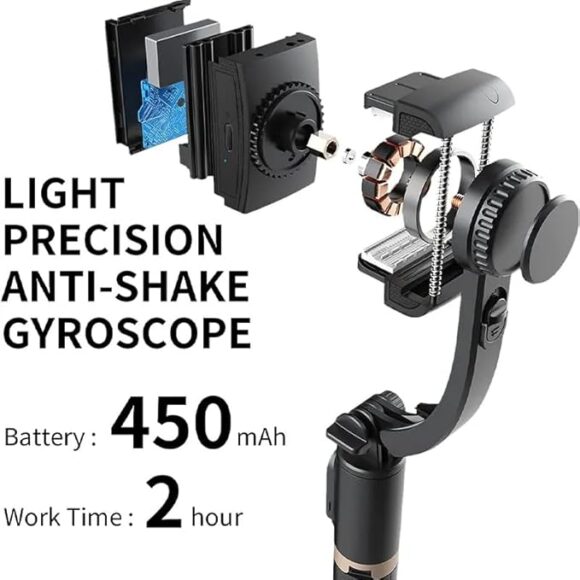 Q08 Mini Gimbal Anti-Shake 2Axis STABILIZER Extendable Selfie Stick Tripod, Wireless Remote for Smartphone, Black - Image 4