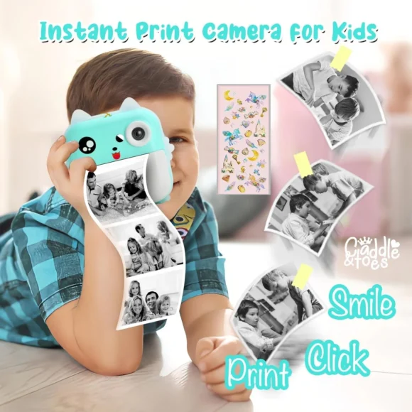 Instant Print Camera for Kids - 1080P HD, 48MP, SD Card, Bluetooth, Free App, 3 Rolls Print Paper, Stickers, Fun Filters, Gift for Boys and Girls - Pink Camera for Kids 4-12 y (Blue) - Image 2